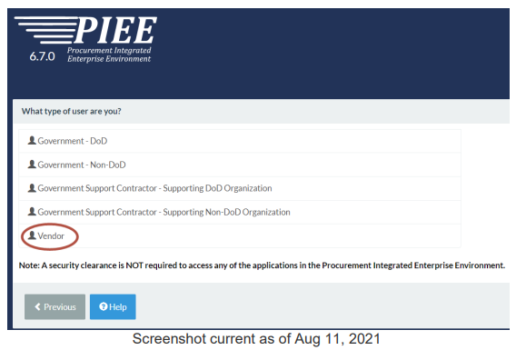 Screenshot of PIEE User Roles